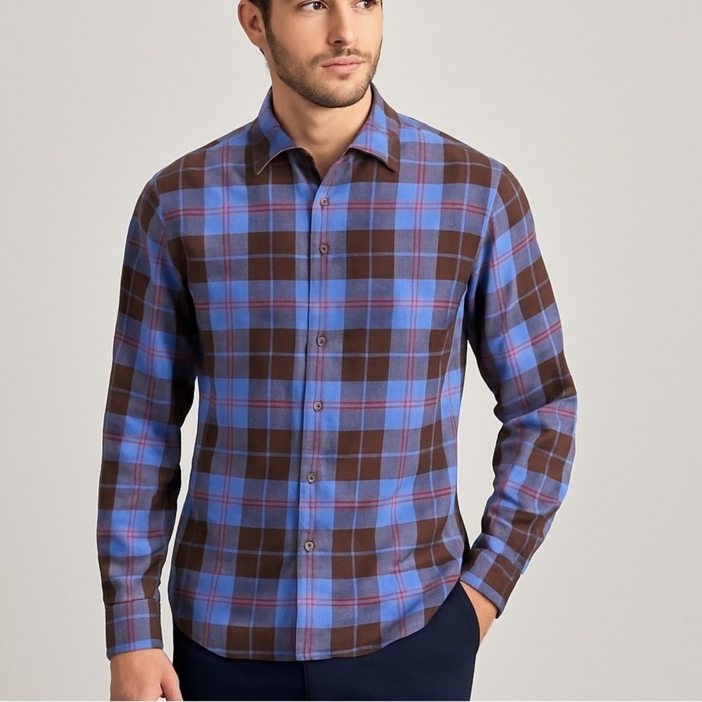 Ledbury Reserve Collection Shirt Mens 16.5 L Blue Brown Plaid Linen Blend Poland